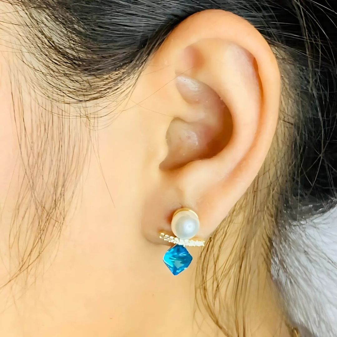 Modern Pearl & Blue Hexagon Crystal Gold Bar Stud Earrings