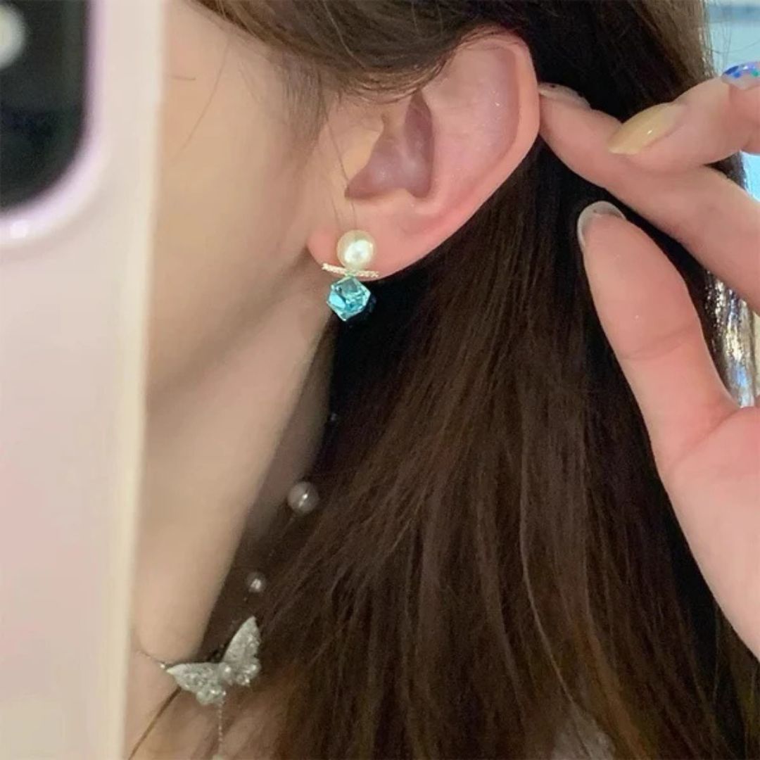 Modern Pearl & Blue Hexagon Crystal Gold Bar Stud Earrings