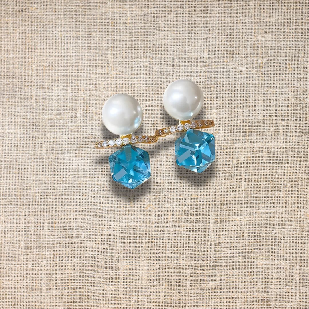 Modern Pearl & Blue Hexagon Crystal Gold Bar Stud Earrings