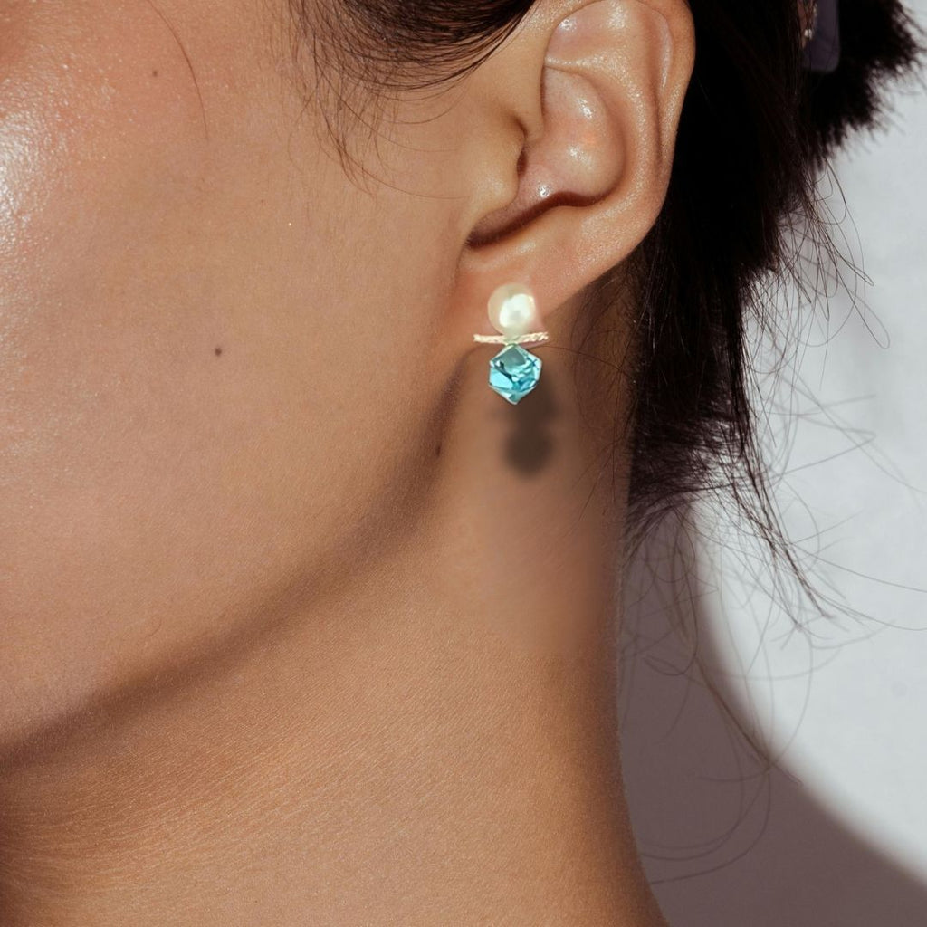 Modern Pearl & Blue Hexagon Crystal Gold Bar Stud Earrings