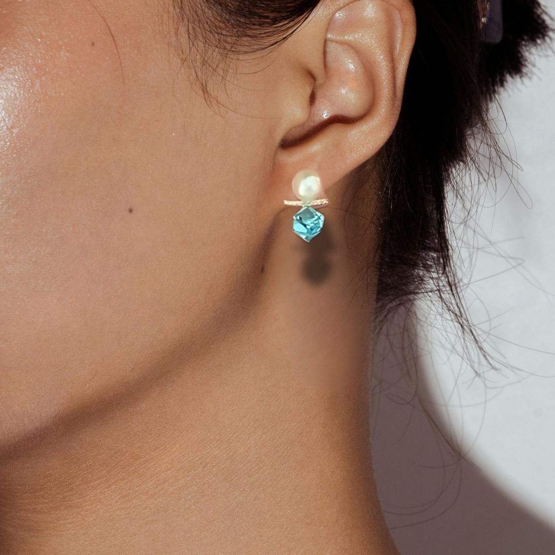 Modern Pearl & Blue Hexagon Crystal Gold Bar Stud Earrings