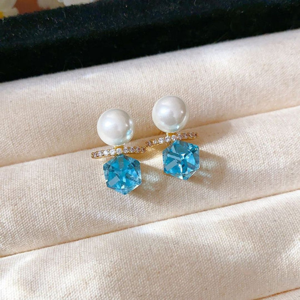 Modern Pearl & Blue Hexagon Crystal Gold Bar Stud Earrings